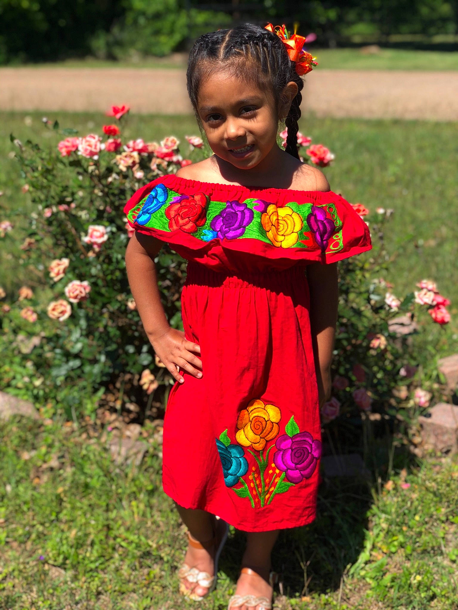 Cecelia joined the competition — help win amazing prizes! annual_plant, baby_toddler_clothing, day_dress, dress, event, flower, formal_wear, grass, happy, joy, magenta, one_piece_garment, orange, pattern, people_in_nature, person, petal, pink, plant, sleeve