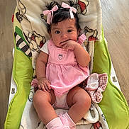 Ariana joined the competition — help win amazing prizes! baby, child, pink_dress, pink_bows, baby_seat, blanket, indoor, floor, socks, cute, infant, portrait, person, baby_girl, hand_in_mouth, curious, seated, cozy, plush_blanket, wooden_floor