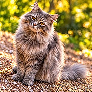 Squiddy is registered to the contest to win money with this photo: cat, long_hair, fluffy, gray_fur, greenery, forest, outdoors, animal, pet, sitting, portrait, close_up, whiskers, ears, eyes, tail, sunlight, bokeh, pebbles, nature