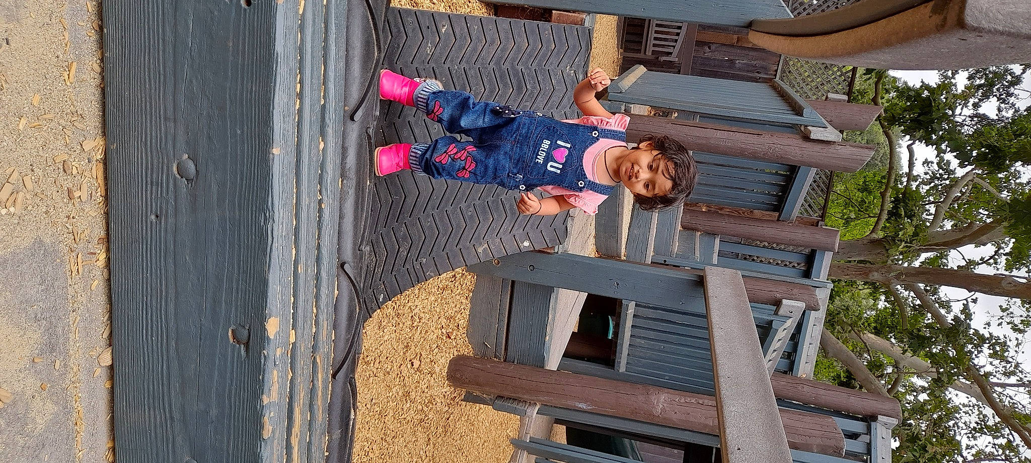 Vedanti joined the competition — help win amazing prizes! composite_material, fence, fun, hardwood, leisure, pattern, person, smile, t_shirt, toddler, tree, wood, wood_stain