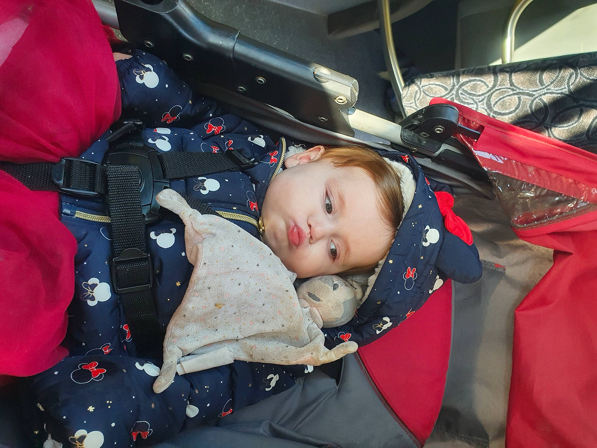 Hayden participe au concours pour gagner de l'argent avec cette photo : auto_part, baby, baby_carriage, baby_products, baby_safety, baby_toddler_clothing, car_seat, carmine, child, comfort, facial_expression, pattern, person, product, sleeve, toddler, window, winter