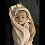 baby, child, towel, pink, bunny_ears, wrapped, cute, infant, face, portrait, hand, soft, warm, blanket, newborn, person, cozy, comfort, indoor, holding