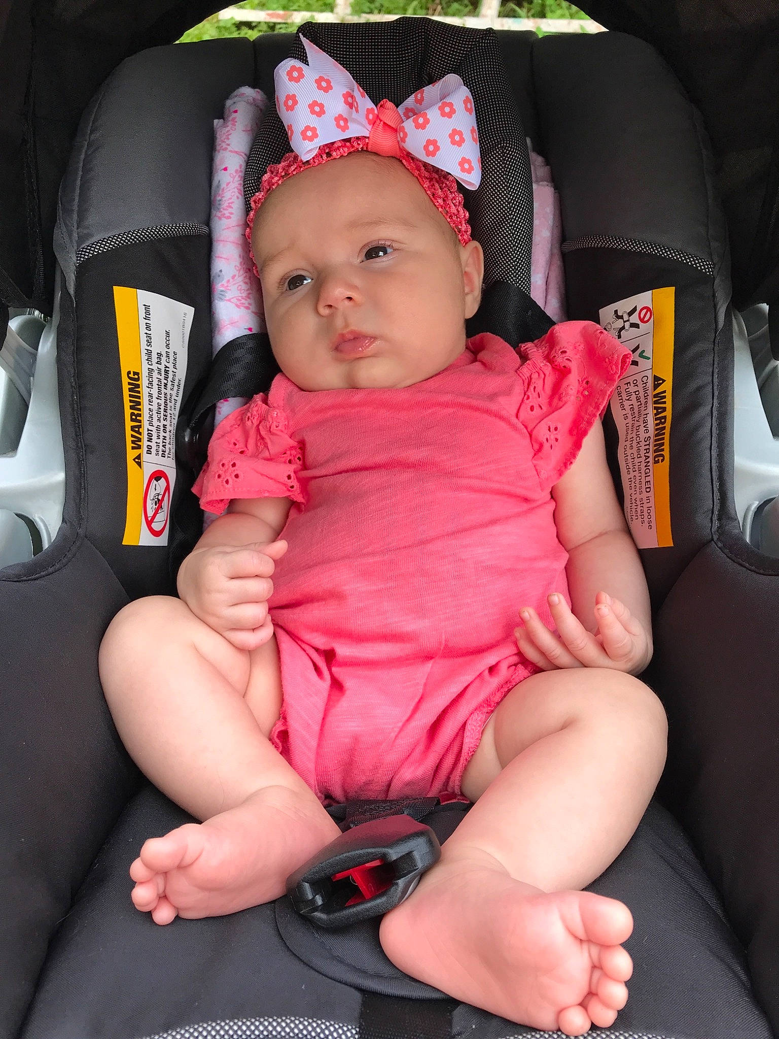 Taryn is registered to the contest to win money with this photo: auto_part, baby, baby_carriage, baby_in_car_seat, car_seat, car_seat_cover, cheek, child, finger, person, pink, product, sitting, skin, toddler