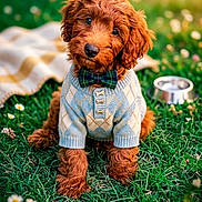 Kyzan joined the competition — help win amazing prizes! animal, argyle, bow_tie, brown_fur, closeup, cute, daisy, dog, flower, grass, greenery, nature, outdoor, pet, plaid, portrait, puppy, sitting, sweater, water_bowl