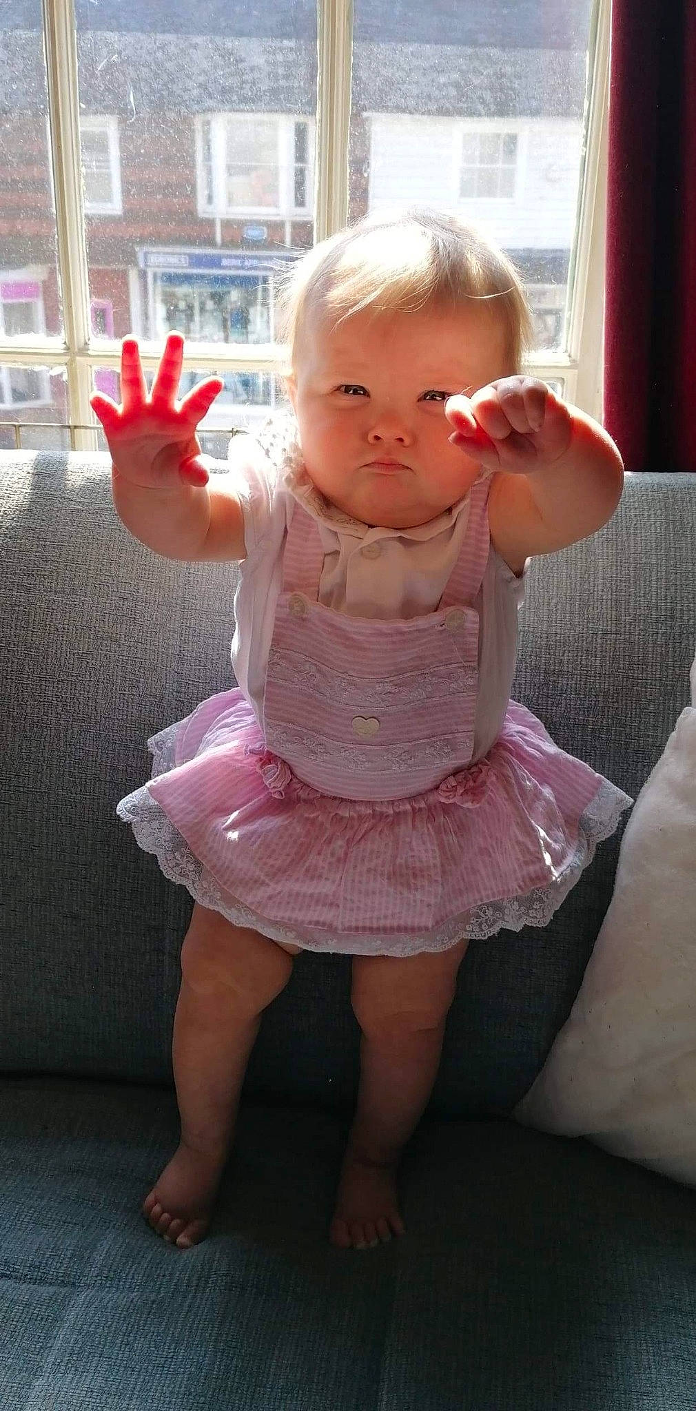 Amelia-rose is registered to the contest to win money with this photo: arm, baby, baby_toddler_clothing, ballet_tutu, cheek, child, costume, dress, finger, hand, leg, person, pink, skin, thumb, toddler