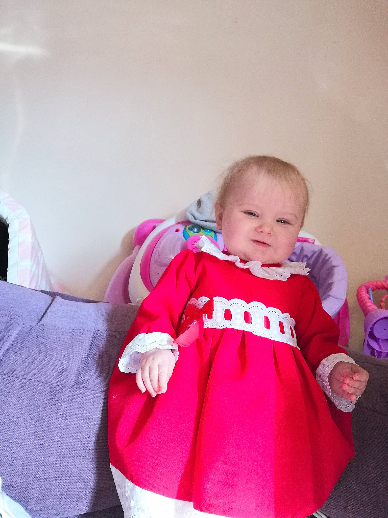 Amelia-rose is registered to the contest to win money with this photo: baby, cheek, child, costume, dress, fun, magenta, outerwear, person, pink, play, room, skin, sleeve, toddler