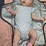 Serenity is registered to the contest to win money with this photo: baby, infant, striped_onesie, polka_dot, changing_mat, toy, pink_blanket, sock, soft_fabric, floor, carpet, child, cute, lying_down, curious, hand, foot, indoor, playful, colorful