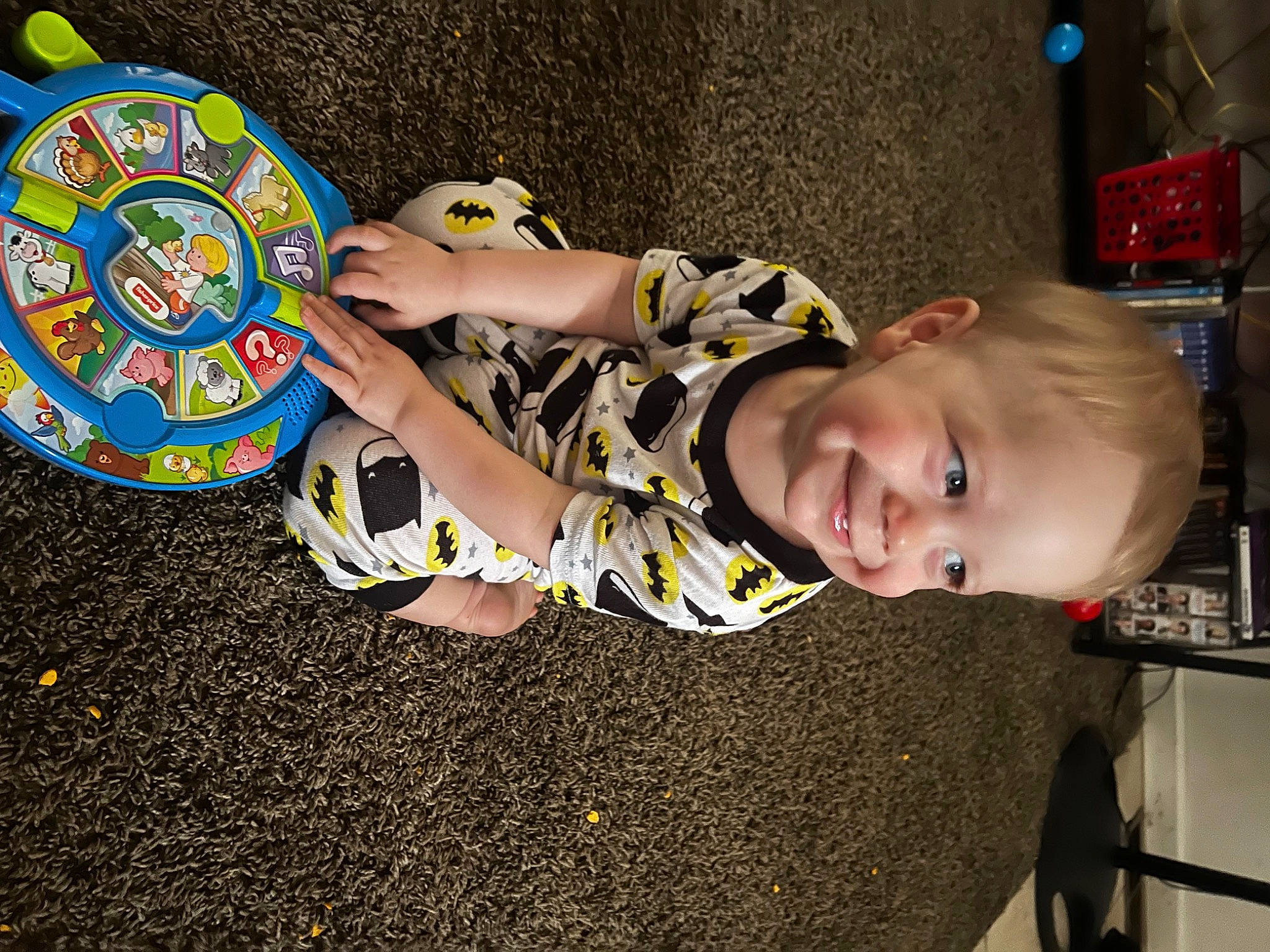 Chandler joined the competition — help win amazing prizes! art, baby, baby_toddler_clothing, child, eyewear, flooring, foot, fun, grass, happy, human_leg, joy, musical_instrument, person, personal_protective_equipment, play, room, sitting, smile, toddler