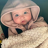 Rennie-Leigh joined the competition — help win amazing prizes! adorable, baby, blanket, blue_eyes, child, closeup, clothing, cute, expression, face, hood, indoors, infant, jacket, newborn, person, portrait, snuggled, soft_texture, warm
