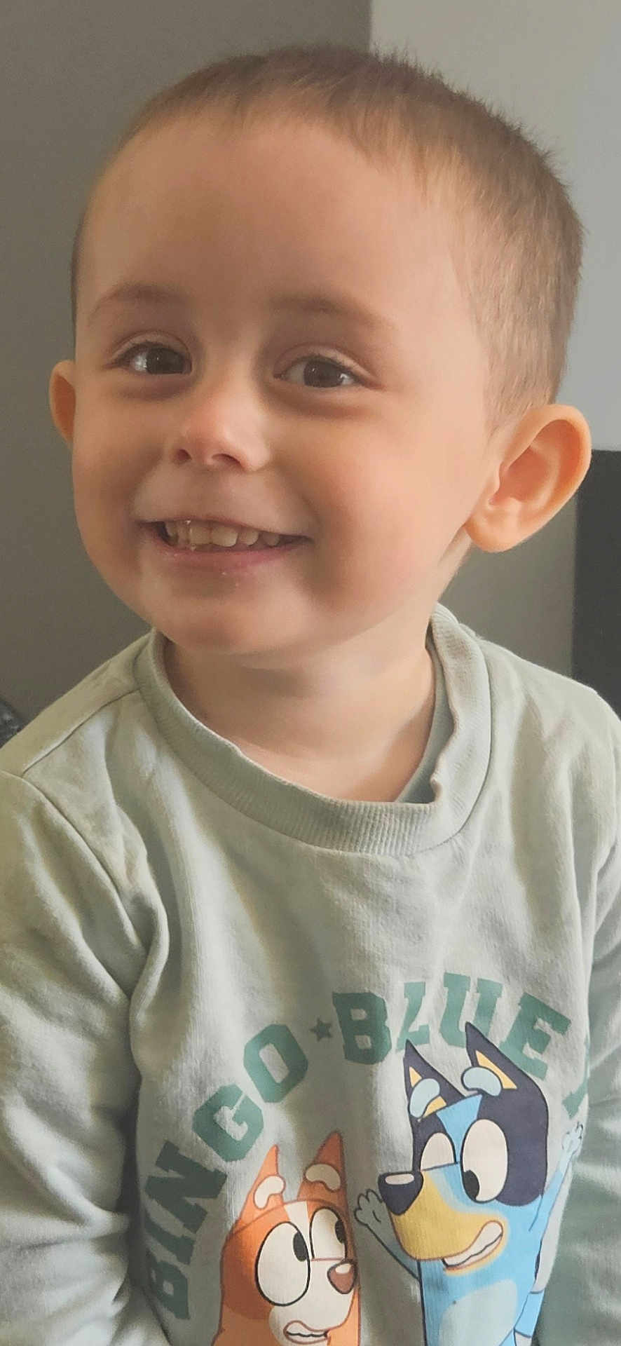 Parker is registered to the contest to win money with this photo: child, smiling, portrait, indoor, toddler, face, clothing, cartoon, shirt, happy, cute, young, person, expression, light_green, short_hair, casual, sitting, bluey, illustration