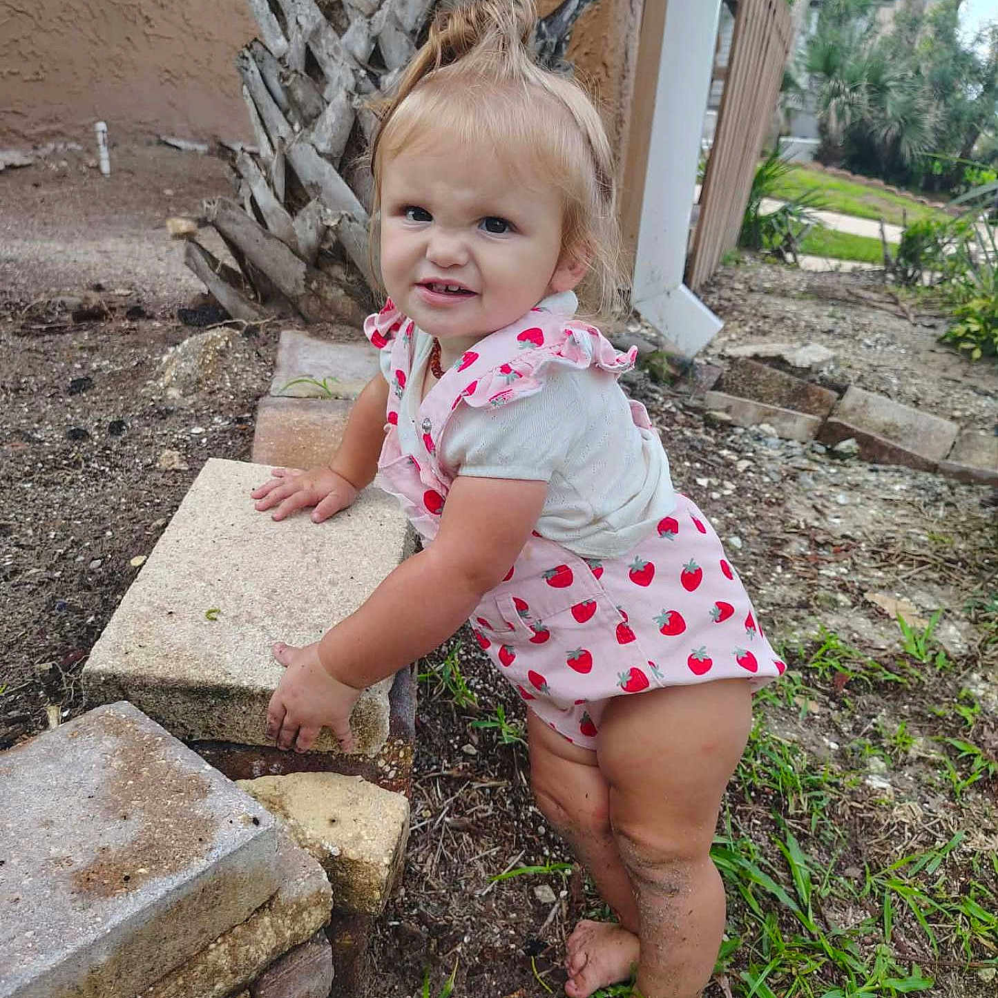 Hartley joined the competition — help win amazing prizes! barefoot, block, child, cute, dirt, expression, fence, garden, grass, nature, outdoor, pink_clothing, playful, standing, stone, strawberry_pattern, summer, toddler, tree, young_child