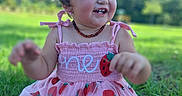 Hartley is registered to the contest to win money with this photo: child, toddler, smiling, pink_dress, strawberry_pattern, grass, outdoor, sunny, blue_sky, hair_clip, happy, nature, baby, summer, cute, portrait, sitting, daylight, greenery, face