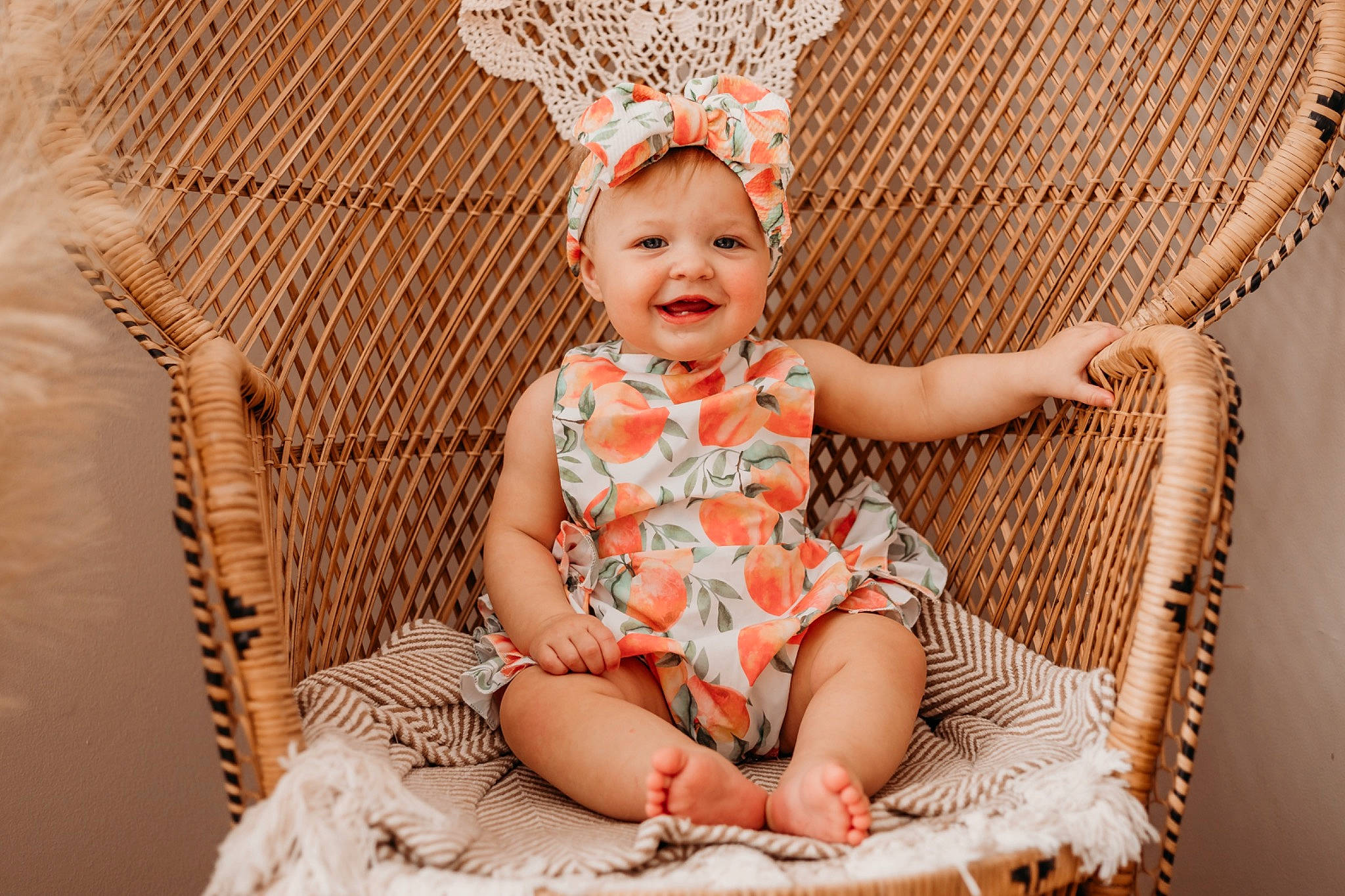 Isabel joined the competition — help win amazing prizes! baby, baby_toddler_clothing, chair, comfort, costume_hat, dress, flash_photography, grass, happy, headgear, headwear, iris, joy, mammal, organ, pattern, person, pink, skin, smile