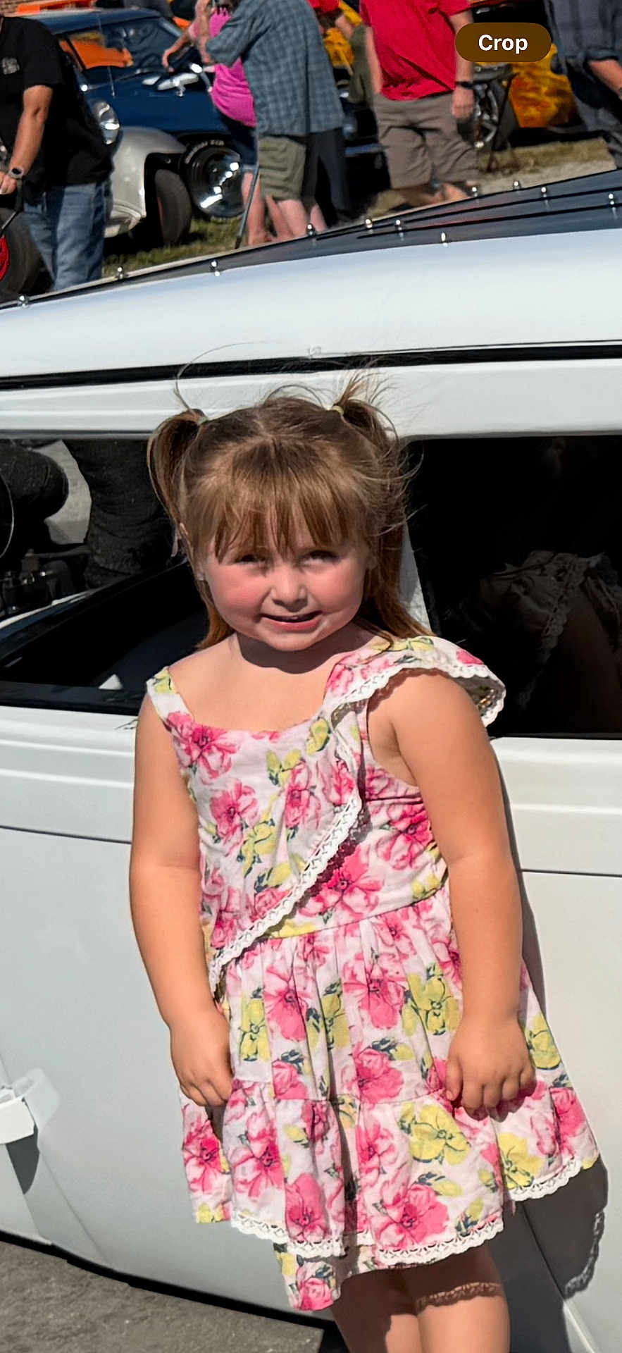 Kandaisey joined the competition — help win amazing prizes! child, girl, pigtails, floral_dress, smiling, white_car, vintage_car, outdoor, daylight, people, event, classic_car, vehicle, portrait, happy, person, fashion, summer, casual, background