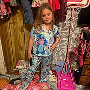 Blakely joined the competition — help win amazing prizes! child, pajamas, blue_character, standing, basketball_hoop, pink, clothes, hanger, toy, room, carpet, wooden_wall, furniture, casual, indoor, smiling, long_hair, footwear, home, playful