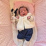 baby, infant, newborn, plush_toy, minnie_mouse, soft_blanket, pink, white_clothing, blue_pants, socks, cozy, cute, sleepy, lying_down, pillow, child, person, indoors, comfort, resting