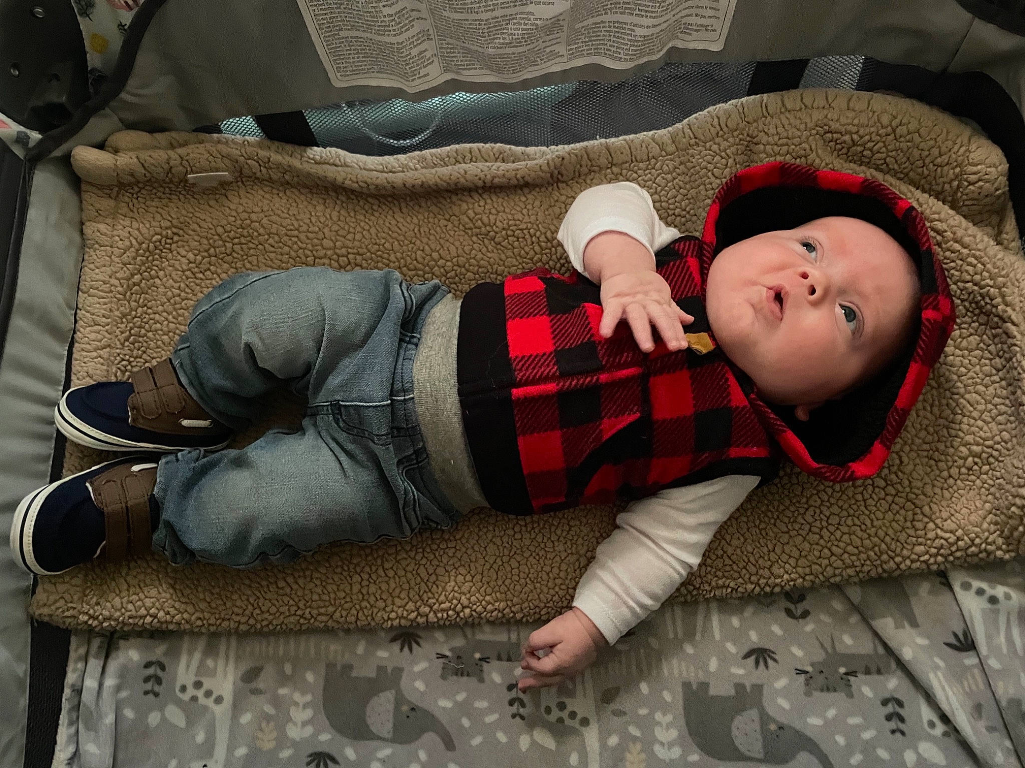 Louie joined the competition — help win amazing prizes! baby, baby_toddler_clothing, comfort, cool, denim, flooring, headwear, human_body, human_leg, jeans, joint, knee, leg, linens, pattern, person, plaid, tartan, textile, thigh