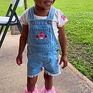 Alayla joined the competition — help win amazing prizes! toddler, child, smiling, denim_overalls, white_tshirt, pink_bows, outdoor, grass, concrete_path, folding_chair, happy, cute_shoes, pink_flowers, shorts, person, portrait, casual_clothing, daytime, nature, playful
