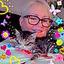 Pupadoodle joined the competition — help win amazing prizes! person, cat, kitten, glasses, smiling, indoor, selfie, sleeping_cat, colorful, cartoon_stickers, hearts, stars, flowers, unicorn, frog, ladybug, butterfly, rainbow, vase, plants