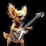 digital_art, cartoon, chihuahua, dog, electric_guitar, musical_instrument, animated_character, black_background, rockstar, exaggerated_features, fluffy_ears, standing, energetic, fantasy, illustration, cute, small_dog, music, performance, character