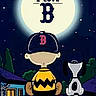 cartoon, dog, person, baseball_cap, boston_red_sox, sports_fan, moon, night, stars, outdoor, house, window, trees, illustration, animated_style, black_and_white_dog, floppy_ears, yellow_shirt, baseball_logo, humorous
