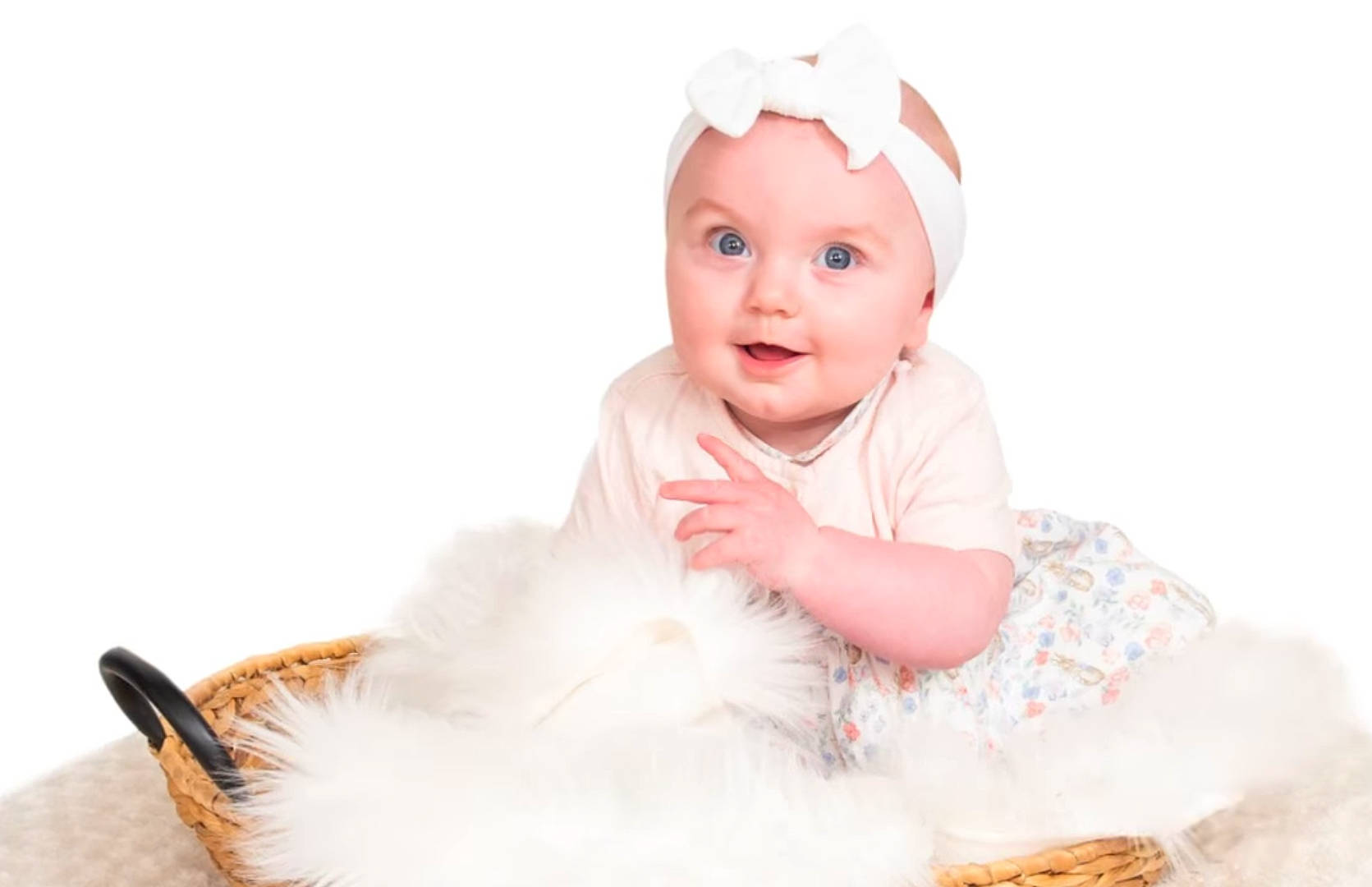 Aurora Rose is registered to the contest to win money with this photo: baby, baby_laughing, child, child_model, costume, costume_accessory, costume_hat, ear, fashion_accessory, feather, fur, hair_accessory, headband, headgear, headpiece, person, pink, skin, toddler, white