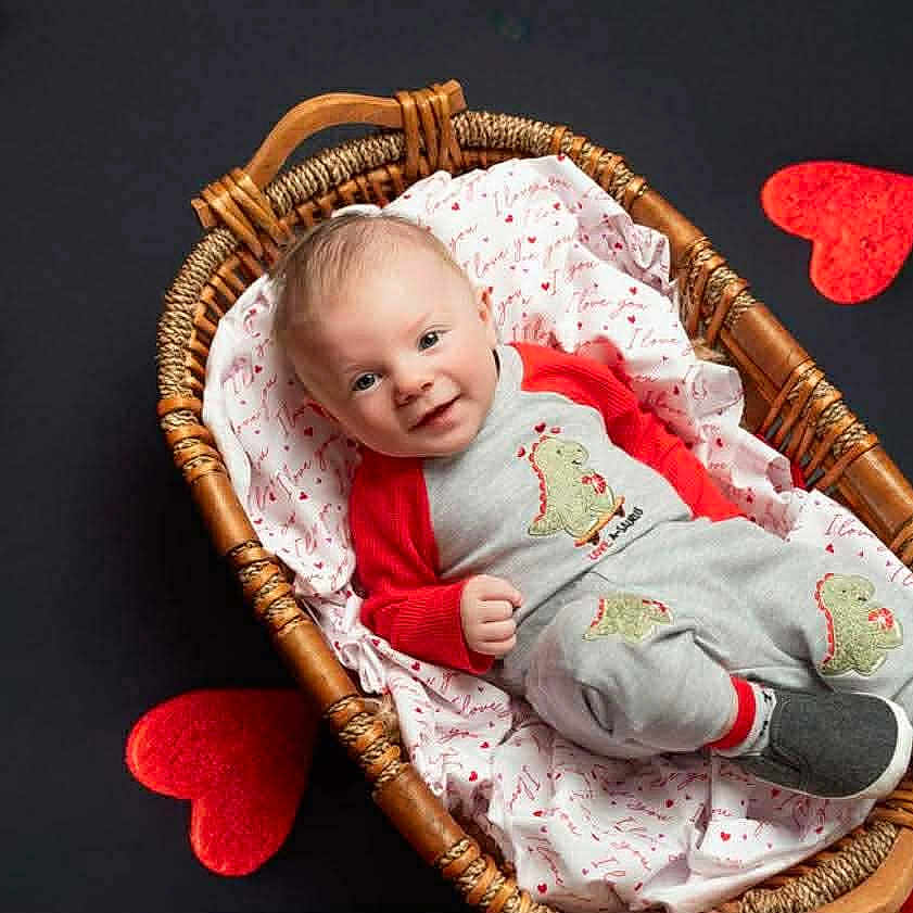 Zayden is registered to the contest to win money with this photo: baby, basket, black_background, blanket, child, cozy, cute, dinosaur_motif, happy, heart_shapes, infant, lying_down, pajamas, portrait, red_hearts, smile, sneakers, studio_photo, valentine_theme, wicker