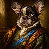 animal_portrait, blue_eye, blue_sash, brown_eye, closeup, costume, dog, ears, expression, french_bulldog, fur, golden_brooch, heterochromia, indoor, oil_painting_style, portrait, renaissance_style, royal_attire, ruffled_collar, textured_background