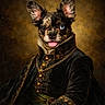 Bowie joined the competition — help win amazing prizes! animal_portrait, artistic, black_coat, brown_background, canine, costume, detailed_texture, dog, ears, fur, gold_buttons, gold_chain, heterochromia, historical_style, luxury, noble, pet, portrait, royal, tongue