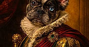 Bowie joined the competition — help win amazing prizes! artistic, blue_eye, brooch, brown_eyes, costume, dog, dressed_up, fabric, fur, gold_details, heterochromia, indoor, luxury, portrait, posing, red_cape, renaissance_style, royalty, ruffled_collar, scepter