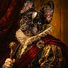 artistic, blue_eye, brooch, brown_eyes, costume, dog, dressed_up, fabric, fur, gold_details, heterochromia, indoor, luxury, portrait, posing, red_cape, renaissance_style, royalty, ruffled_collar, scepter