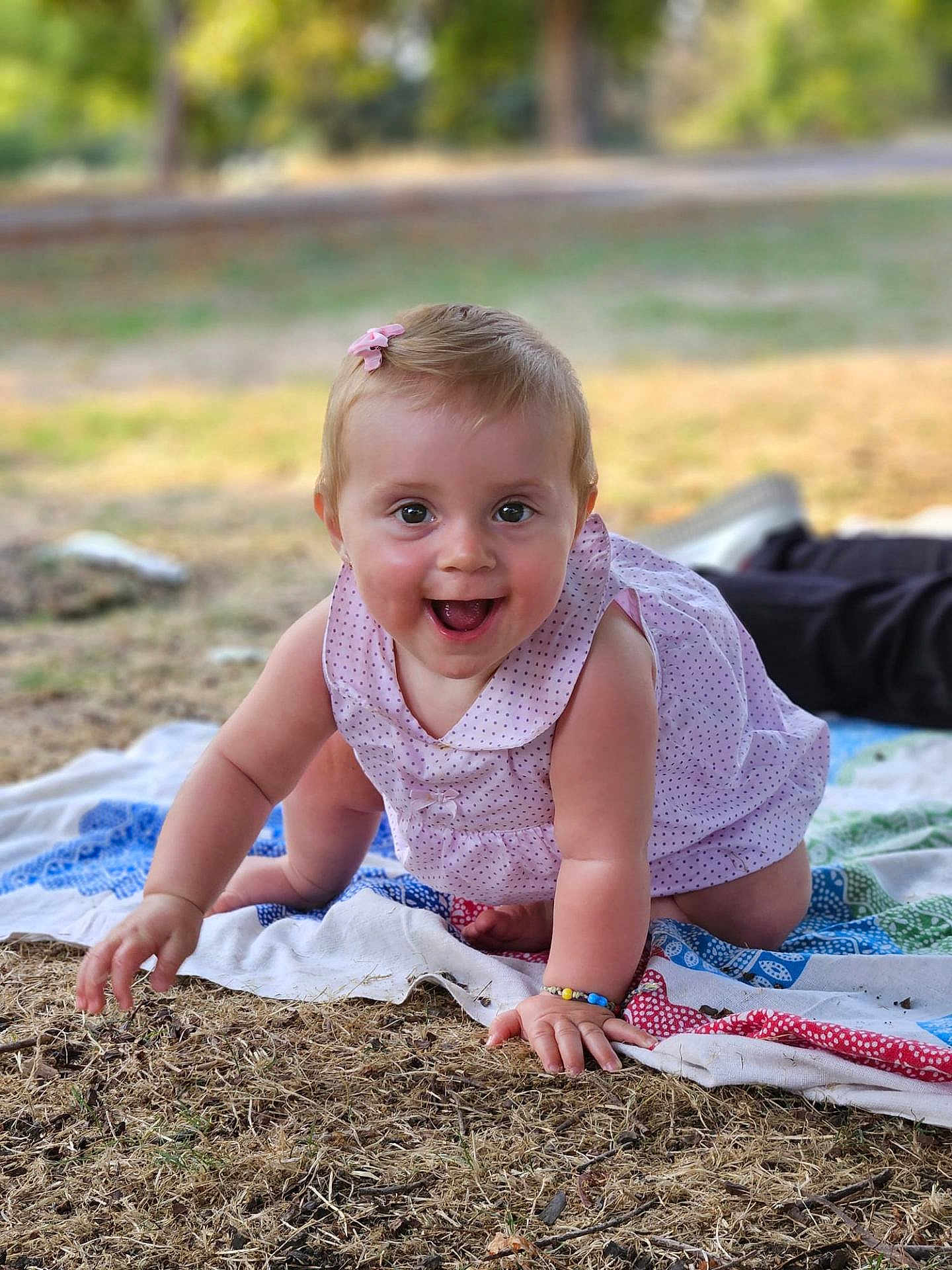 Rose a rejoint le concours — aidez-le/la à gagner de superbes lots ! baby, child, smiling, crawling, outdoor, blanket, dress, pink, hair_clip, bracelet, happy, grass, nature, portrait, cute, young_child, sunlight, playing, expression, person