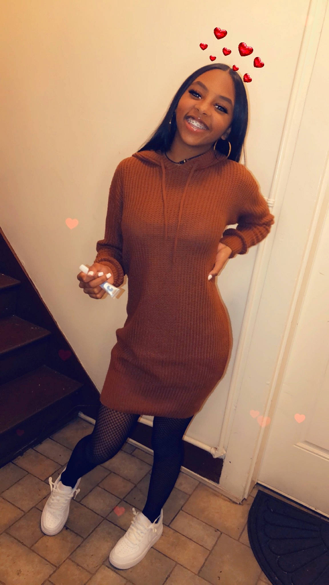 Alyana joined the competition — help win amazing prizes! black, black_hair, brown, clothing, costume, dress, fashion_accessory, hip, joint, joy, knee, leg, long_hair, outerwear, person, pink, shoulder, stocking, thigh, tights