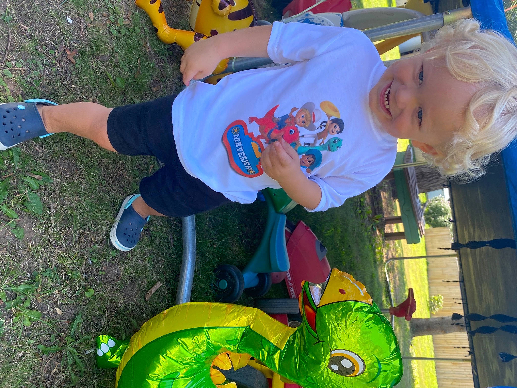Maverick joined the competition — help win amazing prizes! baby_toddler_clothing, blue, child, electric_blue, event, fun, grass, green, joy, leisure, person, play, recreation, shorts, smile, sneakers, t_shirt, toddler, toy, vertebrate