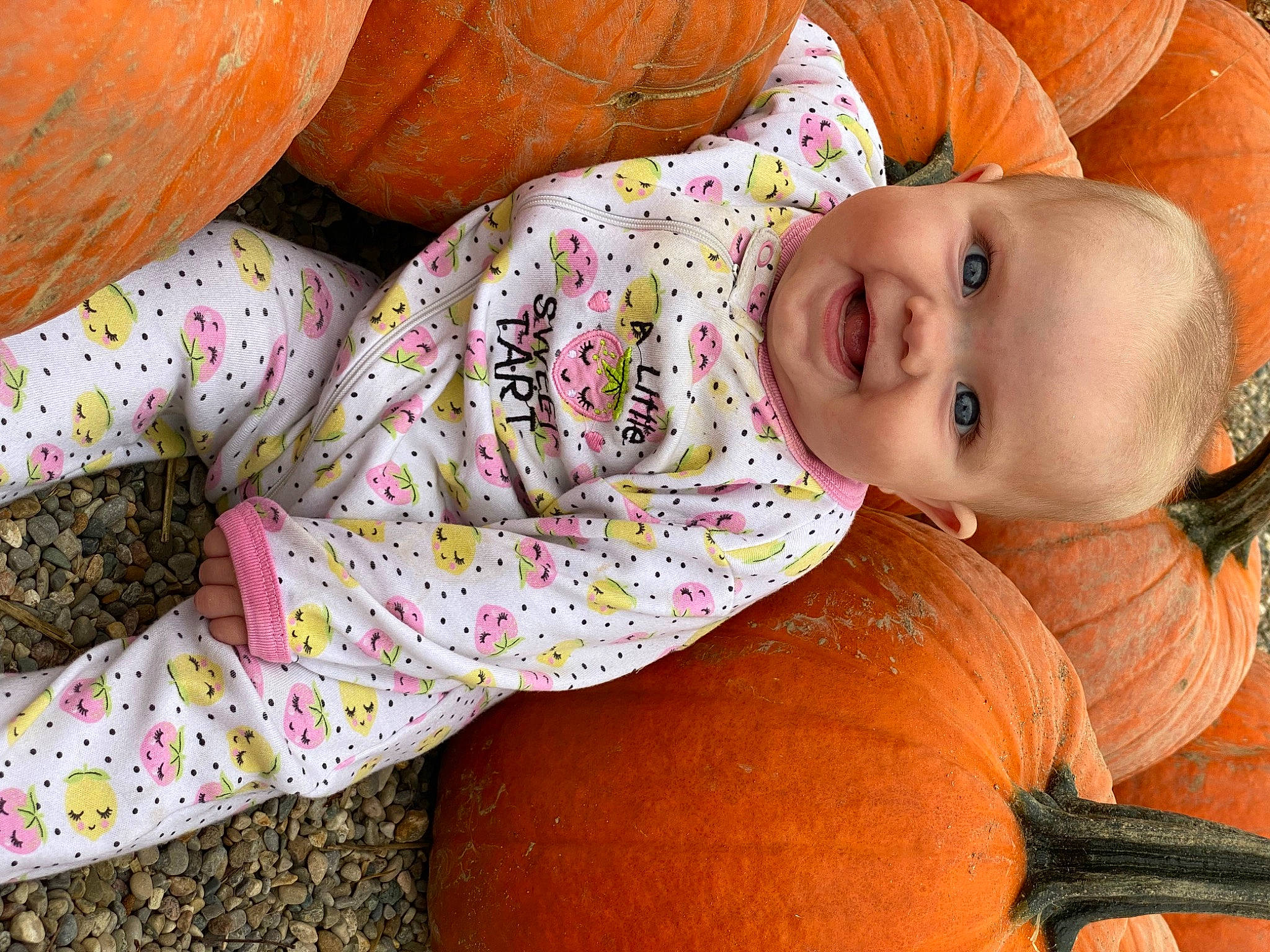 Scarlette is registered to the contest to win money with this photo: baby, baby_toddler_clothing, cheek, clothing, comfort, eye, face, happy, head, human_body, joy, lip, mouth, nose, orange, person, plant, pumpkin, smile, textile