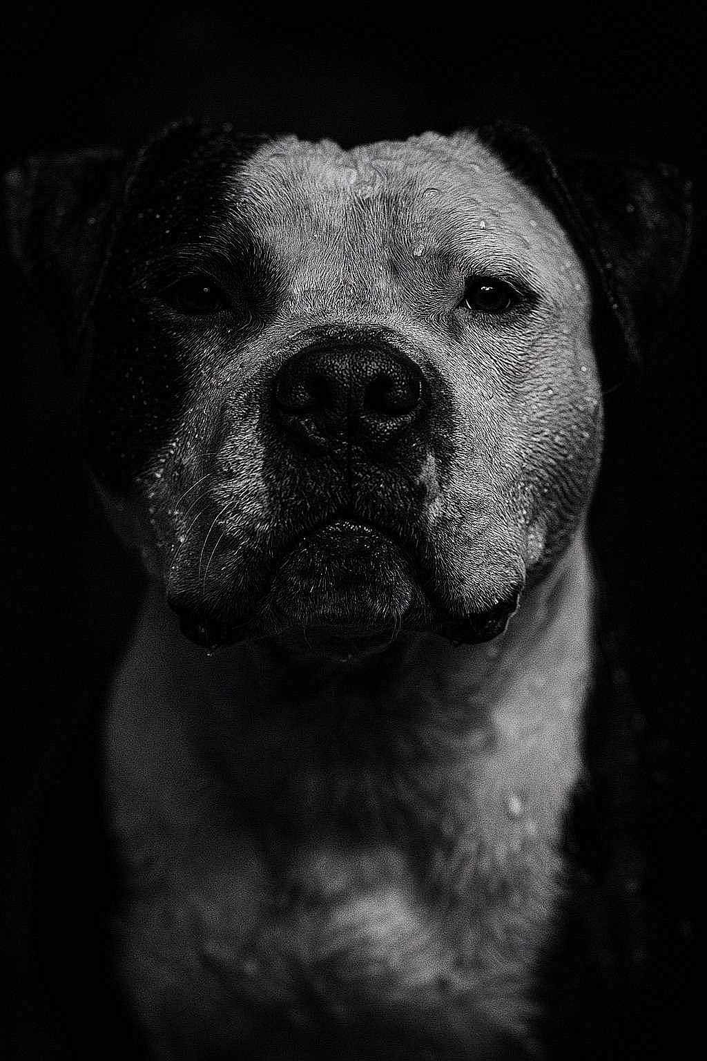 Opium a rejoint le concours — aidez-le/la à gagner de superbes lots ! dog, animal, portrait, black_and_white, close_up, wet, fur, face, pet, canine, expression, texture, dark_background, moody, monochrome, muzzle, ears, whiskers, nostrils, droplets