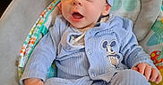 River joined the competition — help win amazing prizes! baby, child, infant, portrait, blue_hat, blue_clothing, mickey_mouse, cushioned_seat, baby_chair, sitting, wide_eyed, open_mouth, indoors, colorful, blanket, patterned_fabric, hands, legs, cozy, happy