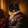 animal, black_and_white_cat, brooch, cat, close_up, costume, feline, fur_collar, green_eyes, historical, indoor, luxury, noble, oil_painting_style, portrait, regal, royal_clothing, textured_background, website_watermark, whiskers