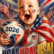 Larry is registered to the contest to win money with this photo: baby, child, patriotic, american_flag, soccer_ball, sports, usa, 2026, face_paint, smiling, open_mouth, portrait, close_up, cape, flag, red_white_blue, stadium, patriotism, football, celebration