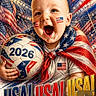 2026, american_flag, baby, cape, celebration, child, close_up, face_paint, flag, football, open_mouth, patriotic, patriotism, portrait, red_white_blue, smiling, soccer_ball, sports, stadium, usa