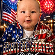 Bear joined the competition — help win amazing prizes! baby, child, portrait, smiling, patriotic, american_flag, fireworks, jacket, clothing, outdoor, festive, red_white_blue, united_states, face, eyes, head, infant, social_media, screenshot, photography