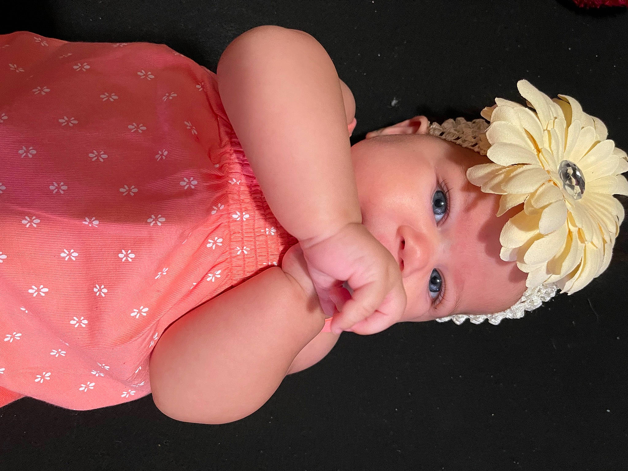 Lilith joined the competition — help win amazing prizes! arm, baby, baby_toddler_clothing, beauty, cheek, child, eye, fashion_accessory, finger, flash_photography, flower, hand, headband, headgear, lip, pattern, person, petal, pink, skin