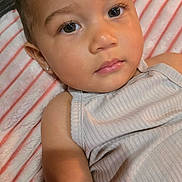 Koaa joined the competition — help win amazing prizes! toddler, child, face, closeup, blanket, striped, curious, portrait, skin, eyelashes, clothing, earring, indoors, baby, person, casual, relaxed, young_child, head, expression