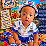 baby, child, infant, portrait, sitting, smiling, hat, clothing, haiti, flag, tropical, beach, mountains, ocean, flowers, teddy_bear, toy, sneakers, outdoor, colorful