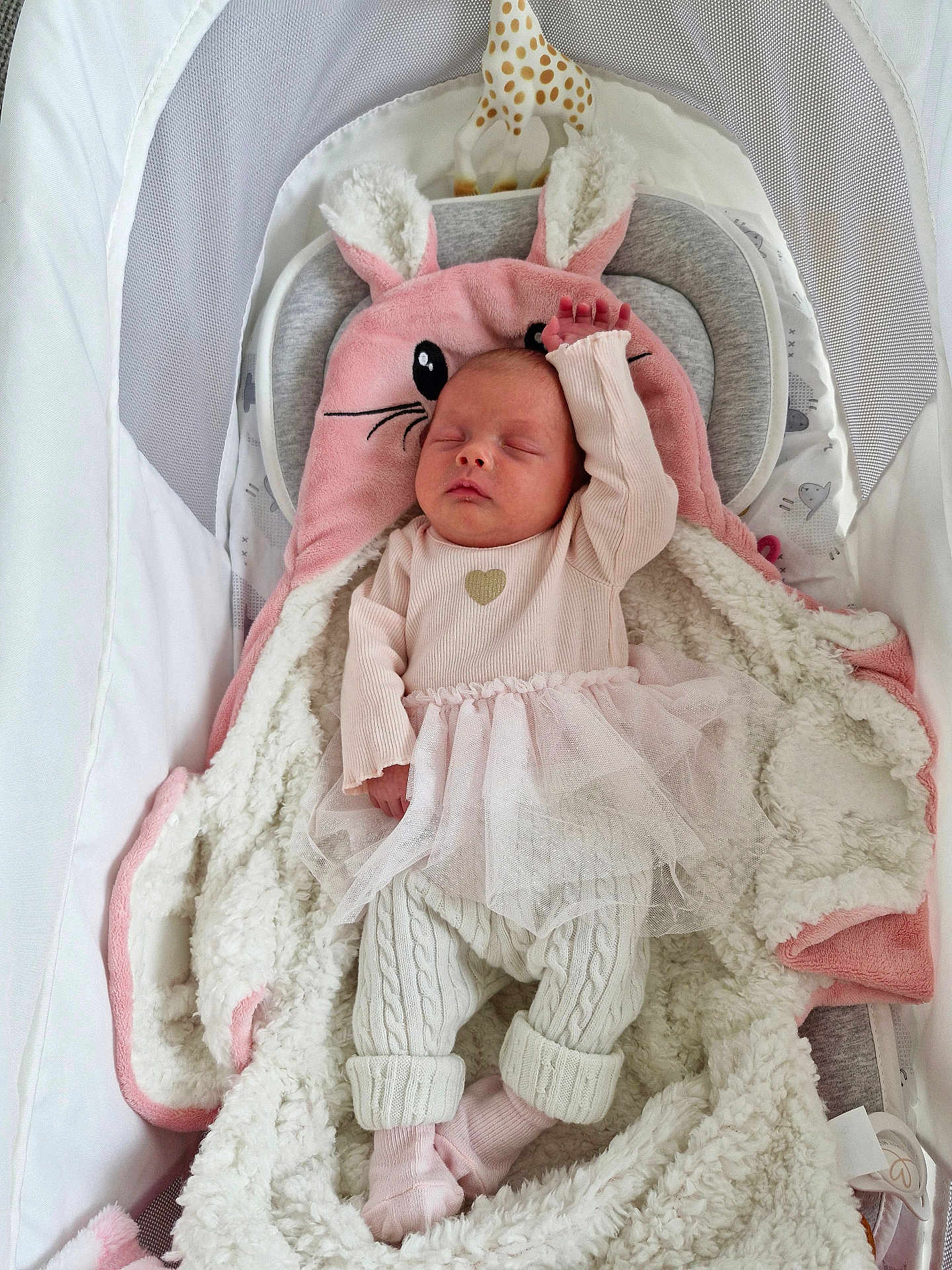 Ambre participe au concours pour gagner de l'argent avec cette photo : newborn, baby, sleeping, blanket, pink, bunny_hood, bassinet, cozy, soft, knitted_pants, baby_clothes, giraffe_toy, infant, cute, tulle_skirt, cushion, resting, indoor, peaceful, toddler