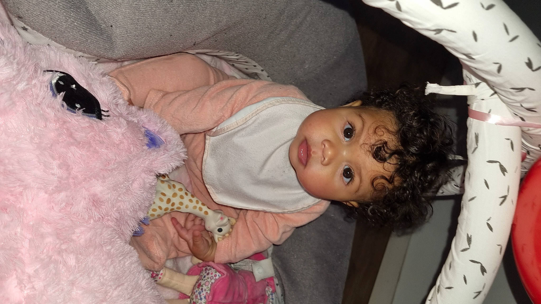 Amélia participe au concours pour gagner de l'argent avec cette photo : baby, baby_products, baby_toddler_clothing, cheek, child, comfort, eye, fur, happy, head, iris, linens, nose, organ, person, room, skin, textile, toddler, toy