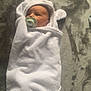 baby, pacifier, towel, white, wrapped, carpet, floor, infant, cute, soft, newborn, child, hooded_towel, indoor, portrait, lying_down, baby_girl, baby_boy, blanket, cozy