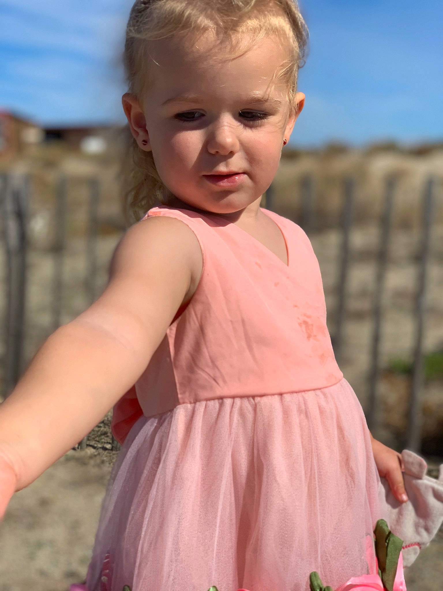 Anna participe au concours pour gagner de l'argent avec cette photo : baby_toddler_clothing, day_dress, dress, face, hair, hairstyle, happy, head, human, human_body, lip, one_piece_garment, people_in_nature, person, photograph, pink, skin, sky, sleeve, standing