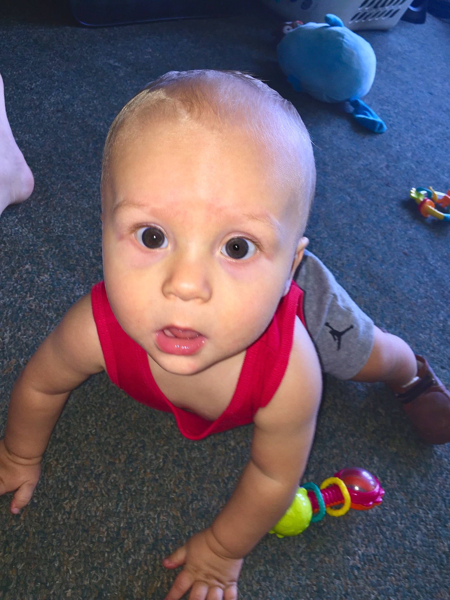 Grayson joined the competition — help win amazing prizes! baby, cheek, child, crawling, eye, face, head, person, skin, surprise, toddler, tummy_time