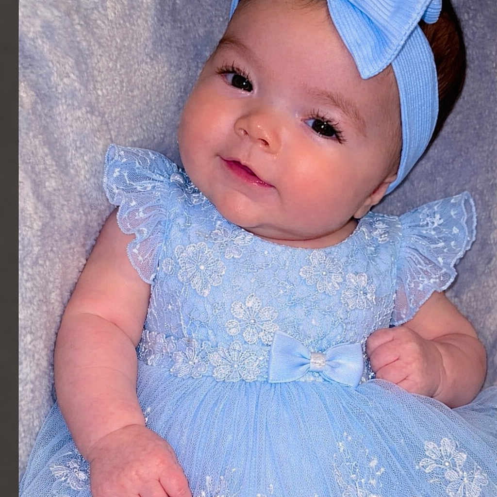 Kinsley is registered to the contest to win money with this photo: baby, child, blue_dress, headband, lace, portrait, cute, infant, smile, face, skin, eyes, hand, tulle, flower_pattern, soft_texture, closeup, adorable, young, baby_girl